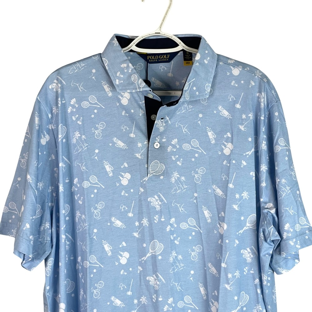 NEW Polo Golf Ralph Lauren‎ Mens Polo Shirt XL Blue All Over Print S/S Stretch